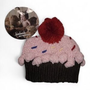Handmade Cupcake Crochet Hat Baby Toddler Pink Brown Red Pom Sprinkles 0-6months